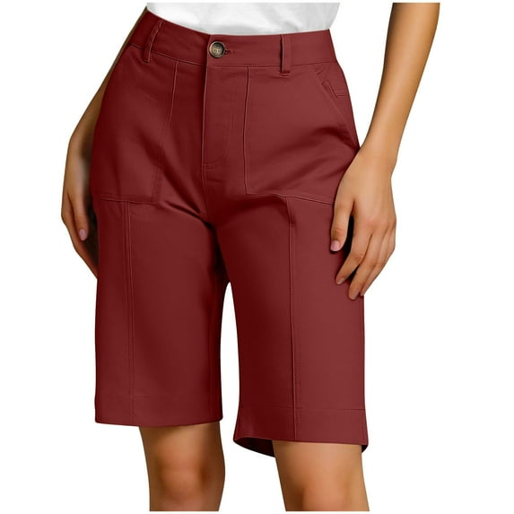 Hvot&aat Women Summer Casual Solid Color Slim Button Pocket Workwear Pants Knee Length Bermuda Shorts with Pocket