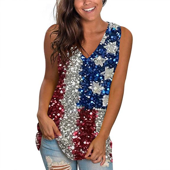 Hvot&aat Women Summer Independence Day Printed Vest Casual V-neck Sleeveless Top Loose Beach Vacation Pullover