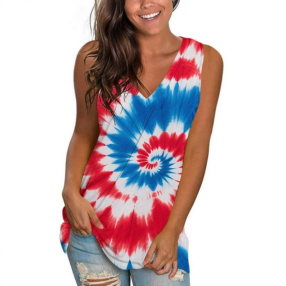 Hvot&aat Women Summer Independence Day Printed Vest Casual V-neck Sleeveless Top Loose Beach Vacation Pullover
