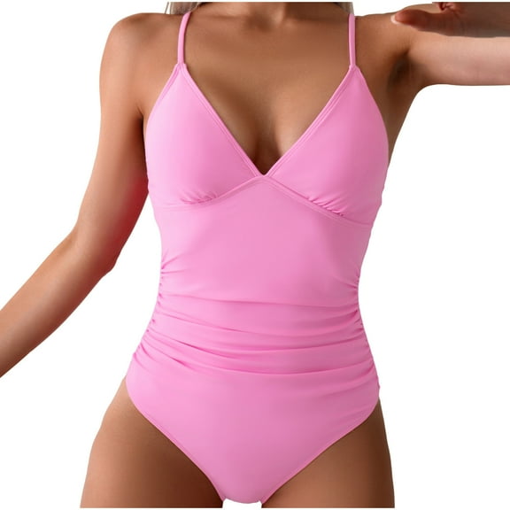 Hvot&aat Women Summer Solid Color Swimwear Twist Tummy Control One Piece Swimsuits Sexy Deep V Neck Backless Bathing Suits