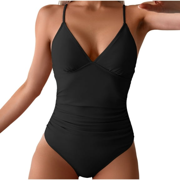 Hvot&aat Women Summer Solid Color Swimwear Twist Tummy Control One Piece Swimsuits Sexy Deep V Neck Backless Bathing Suits