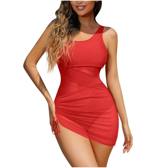 Hvot&aat Women Summer Solid Color With Chest Cushion Swimsuit One Piece Swimdress Side Tie Mesh Knot Bathing Suit