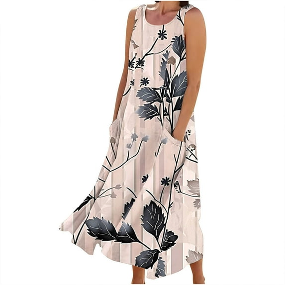 Hvot&aat Women Summer Tank Dress Casual Floral Print Floral Flowy Maxi Dresses Crewneck Sleeveless Sundress with Pockets