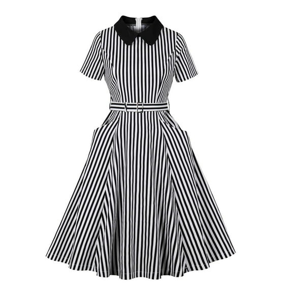 Hvot&aat Women Vintage A-Line Dress with Belt Striped Printed Pocket Short Sleeve Dresses Elegant Cocktail Dresses