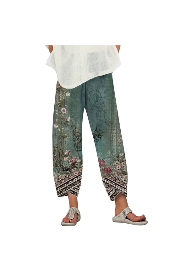Women Vintage Petal Pants Casual Beach Vacation Capri Pants Casual Elastic Waist Trousers