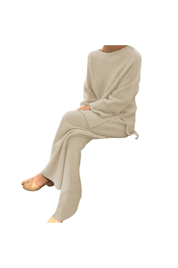 Women's 2 piece Lounge Sets Ribbed Knit Long Sleeve Side Slits Pullover Tops with Wide Leg Pants Matching Sets
