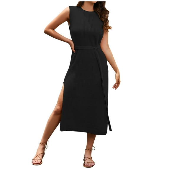 Hvot&aat Women's 2025 Fall Elegant Sleeveless Knit Sweater Dress with Belt Solid Color Bodycon Slit Tank Midi Dresses