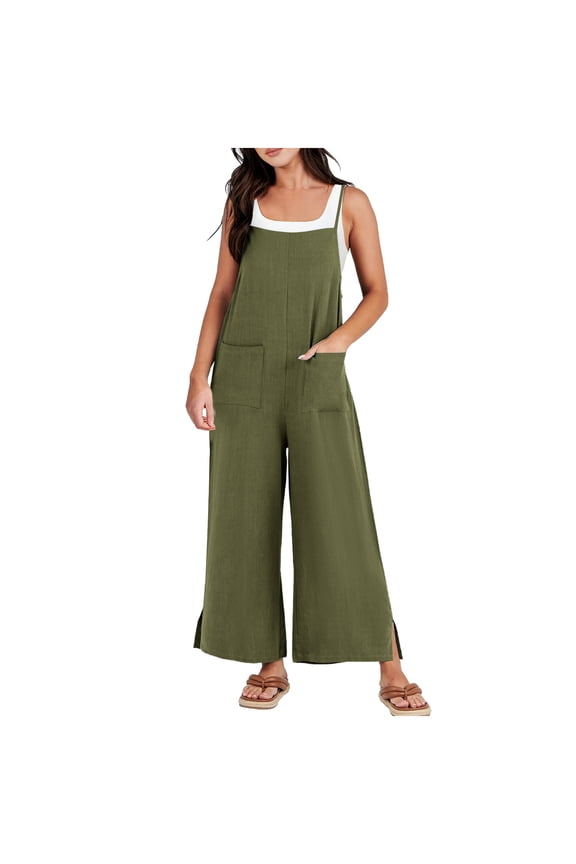 Women's 2025 Summer Cotton Linen Jumpsuits Casual Loose Sleeveless Split Wide Leg Pants Romper Overalls with Pockets