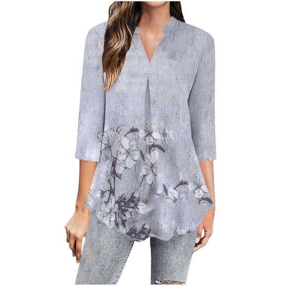 Hvot&aat Women's 3/4 Sleeve Henley V Neck Tops Lightweight Flowy Casual Printed Blouse Summer Baggy Tunic Tops