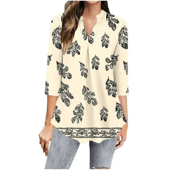 Hvot&aat Women's 3/4 Sleeve Henley V Neck Tops Lightweight Flowy Casual Printed Blouse Summer Baggy Tunic Tops