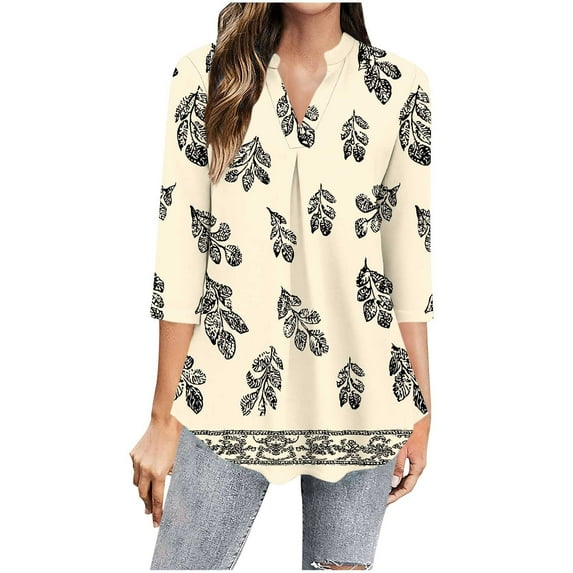 Hvot&aat Women's 3/4 Sleeve Henley V Neck Tops Lightweight Flowy Casual Printed Blouse Summer Baggy Tunic Tops