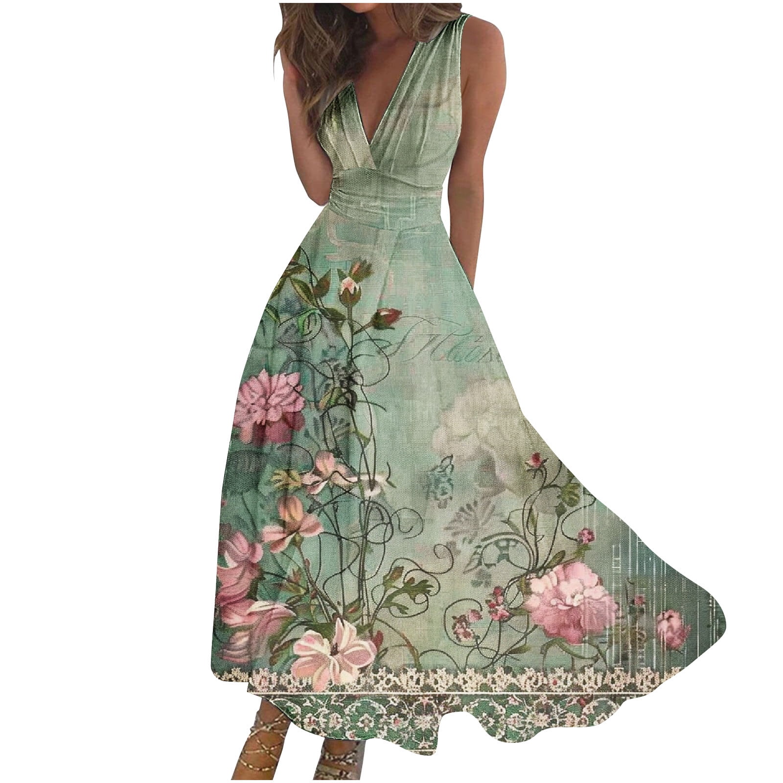 Hvot&aat Women's 3D Butterfly Print Maxi Dress V Neck Sleeveless Flowy Tank Dresses A Line Pleated Cocktail Party Dress