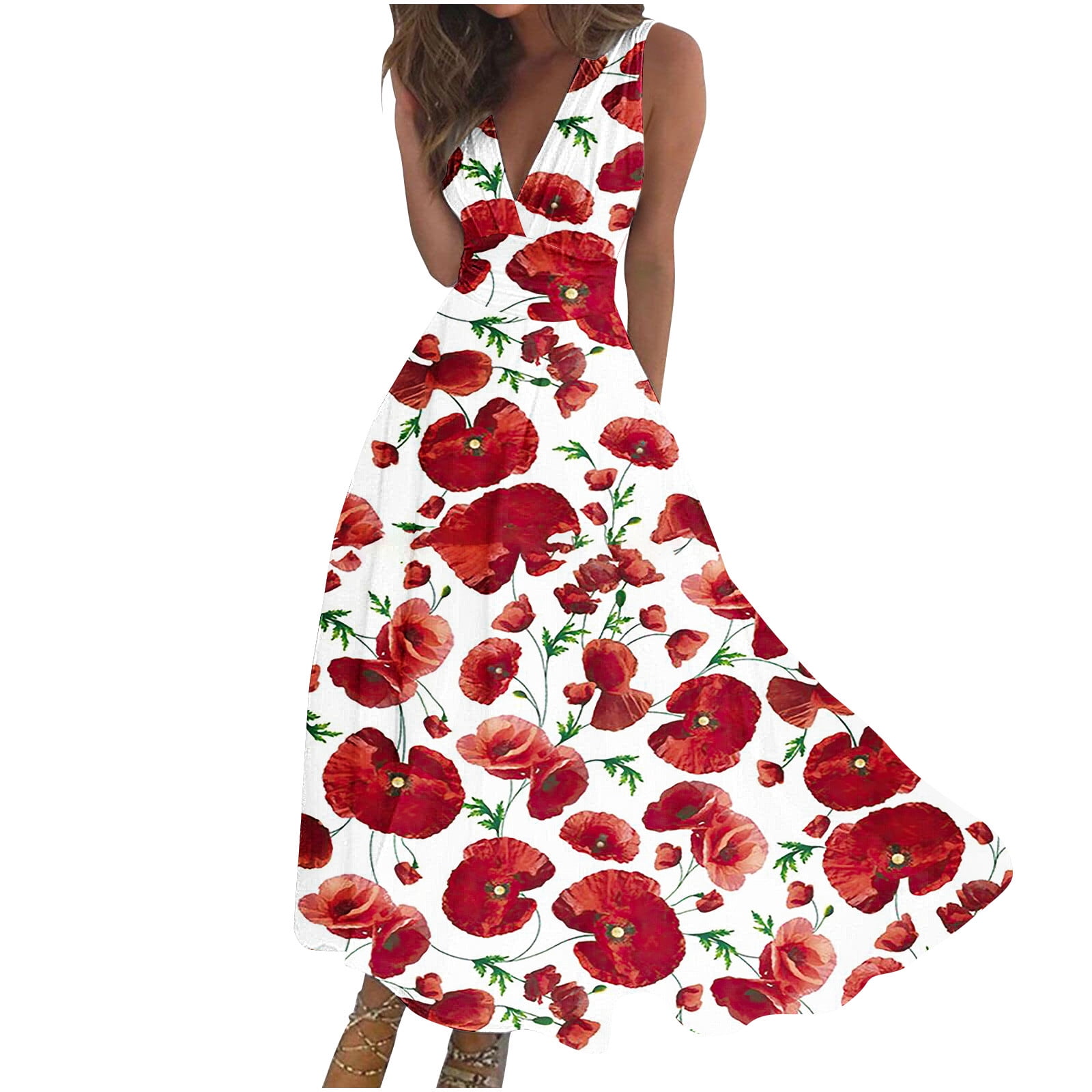 Hvot&aat Women's 3D Butterfly Print Maxi Dress V Neck Sleeveless Flowy Tank Dresses A Line Pleated Cocktail Party Dress