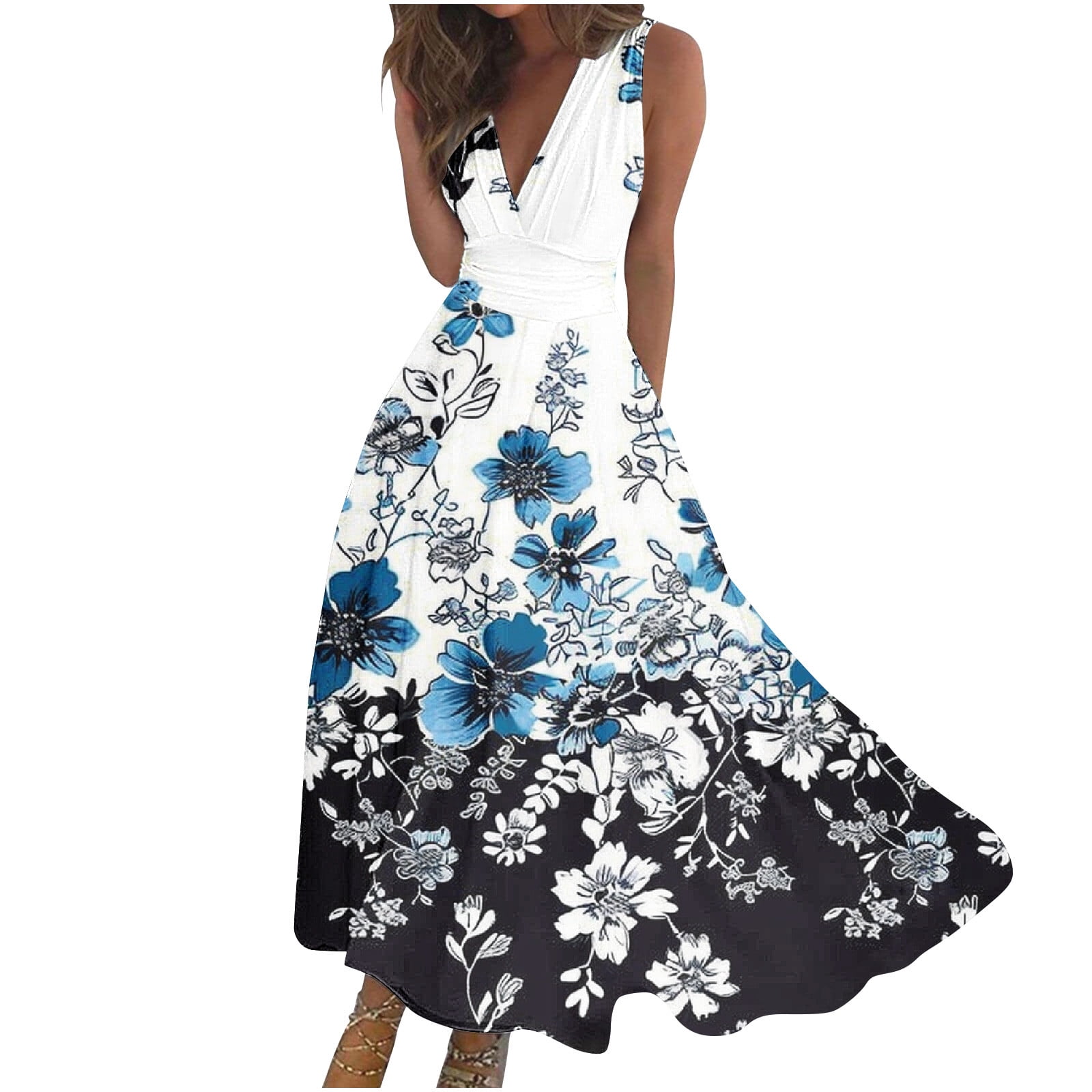 Hvot&aat Women's 3D Butterfly Print Maxi Dress V Neck Sleeveless Flowy Tank Dresses A Line Pleated Cocktail Party Dress