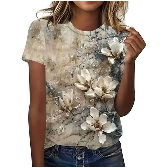 Hvot&aat Women's 3D Floral Print T-Shirts Casual Round Neck Short Sleeve Tops Summer Loose Fit Blouses