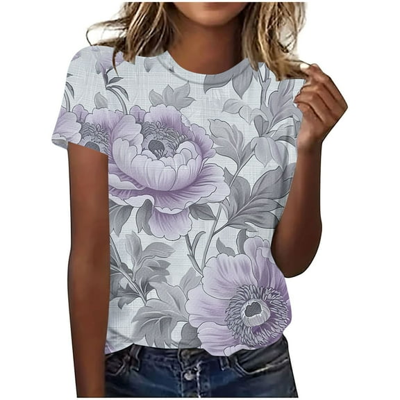 Hvot&aat Women's 3D Floral Print T-Shirts Casual Round Neck Short Sleeve Tops Summer Loose Fit Blouses