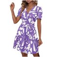thumbnail image 1 of Hvot&aat Women's All Over Print Summer Dress V Neck Lantern Short Sleeve Belted Dress Ruffle Hem A Line Short Dress, 1 of 4
