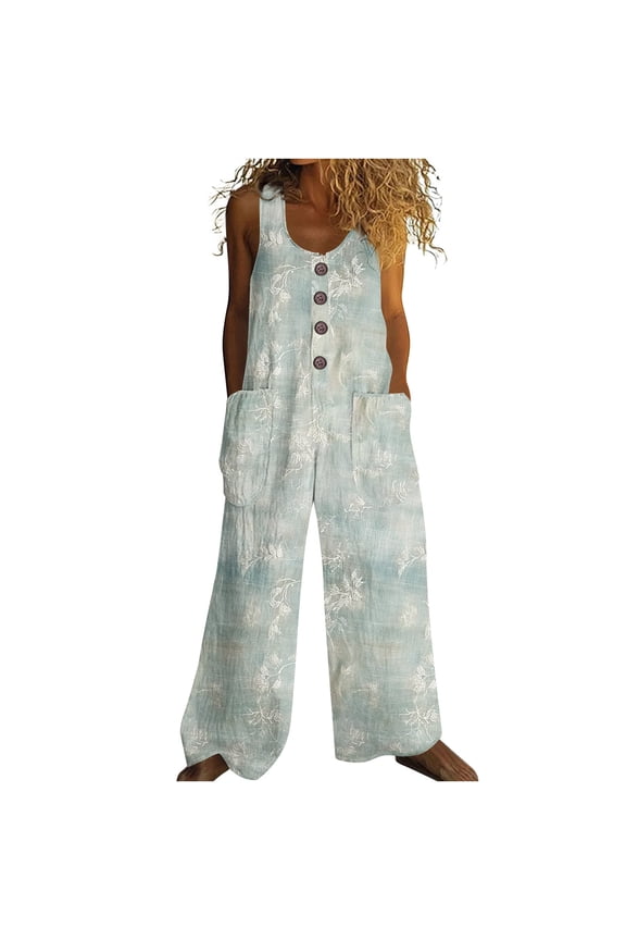 Women's Back Straps One Piece Pants Round Neck Button Sleeveless Jumpsuit Vintage Printed Overall