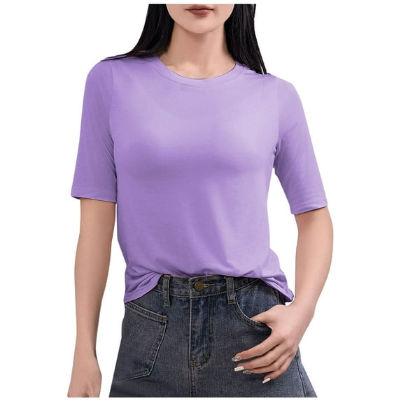 Hvot&aat Women's Basic Half Sleeve T-shirt Round-Neck Slim Fit Solid Color Tops Daily Casual Pullover