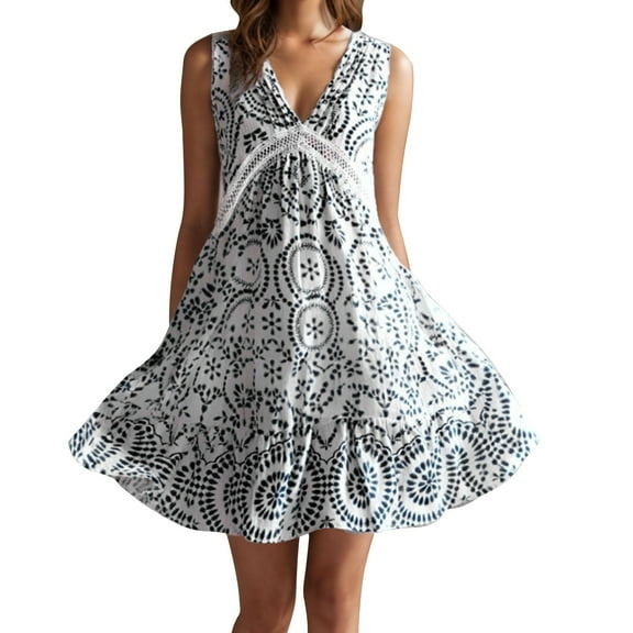Hvot&aat Women's Beach Smock Floral Print Patchwork Ruffle Dress Sleeveless V-Neck A-Line Boho Dress