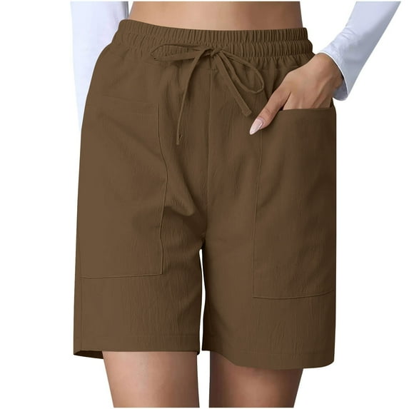 Hvot&aat Women's Bermuda Long Shorts Solid Color Elastic Drawstring Waist Lounge Running Athletic Shorts with Pockets