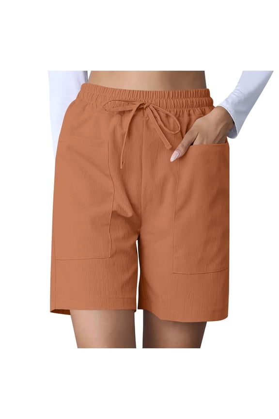Women's Bermuda Long Shorts Solid Color Elastic Drawstring Waist Lounge Running Athletic Shorts with Pockets