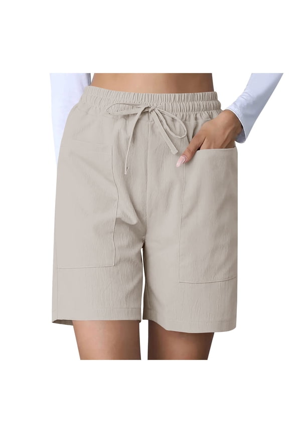 Women's Bermuda Long Shorts Solid Color Elastic Drawstring Waist Lounge Running Athletic Shorts with Pockets