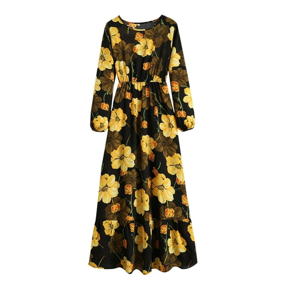 Hvot&aat Women's Bohemian Elegant Dress Round-Neck Long Sleeve Floral Dress High Waist Flowy Beach Dress