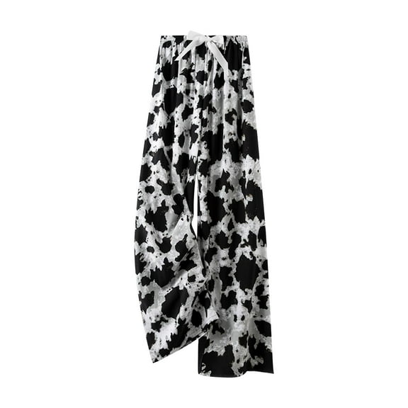 Hvot&aat Women's Boho Elastic Waist Tie-Front Pants Classy Soft Comfortable Floral Pants Casual Wide Leg Long Pants