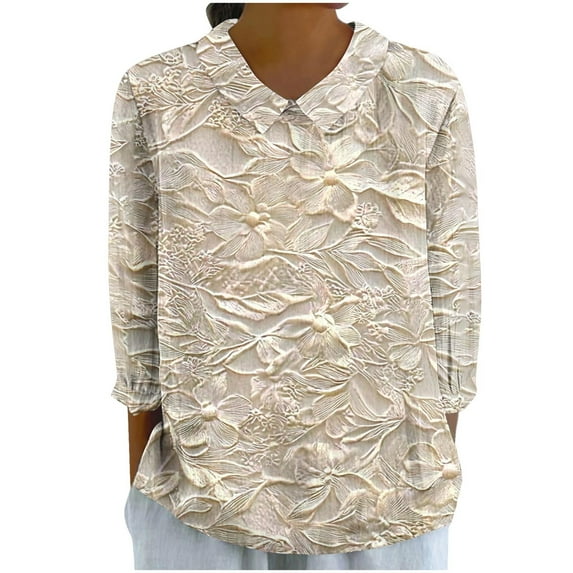 Hvot&aat Women's Boho Floral Jacquard Linen Shirt Turndown Collar 3/4 Sleeve Top Loose Comfy Beach Holiday Blouses