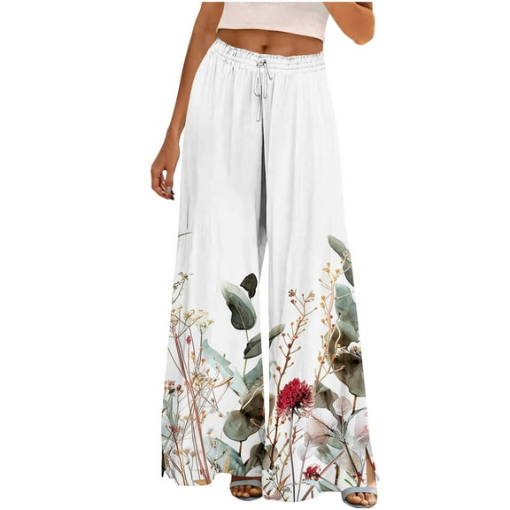 Hvot&aat Women's Boho Floral Wide Leg Pants Casual Loose Elastic Waist Crop Pants Beach Vacation Trousers with Pockets