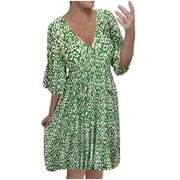 HVOT&AAT Women's Boho Print Dresses V Neck Elastic Waist Pleated 3/4 Sleeve Dress Knee-Length Beach Flowy Sundress