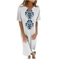 thumbnail image 1 of Hvot&aat Women's Boho Vintage Print Maxi Dress V Neck Short Sleeve Comfort Cotton Linen Dress Casual Loose Beach Dress, 1 of 7