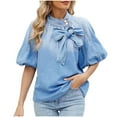 thumbnail image 1 of Hvot&aat Women's Bow Design Denim Pullover Mock Neck Puff Short Sleeve Tops Elegant Workwear Blouse, 1 of 7