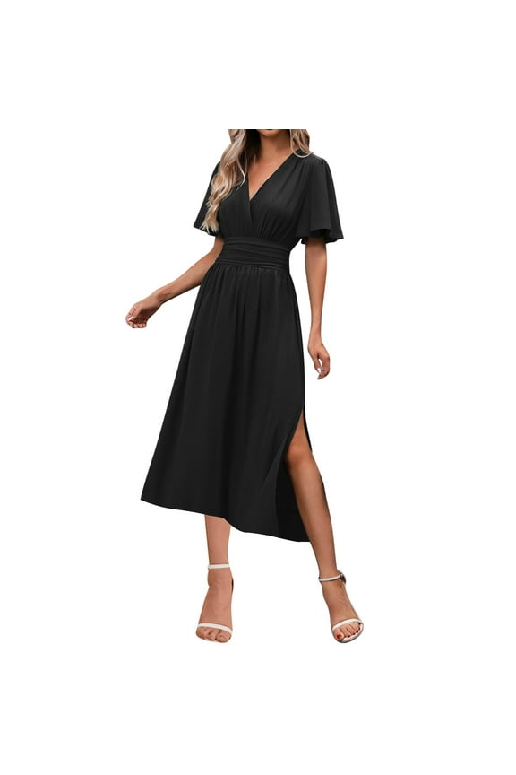 Women's Bridesmaid Dresses Flutter Sleeve V Neck Empire Waist Slit Midi Dress Wedding Guest Formal Dress