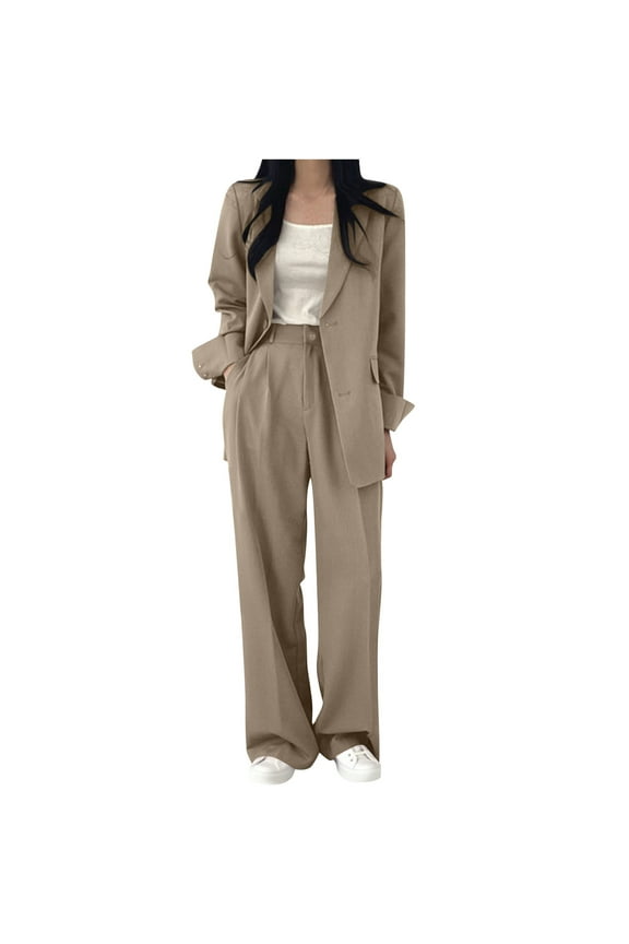 Women's Business Casual 2 Piece Temperament Commuting Suit Lapel Set Open Front Long Sleeve Blazer Jacket Wide Leg Pants Outfits