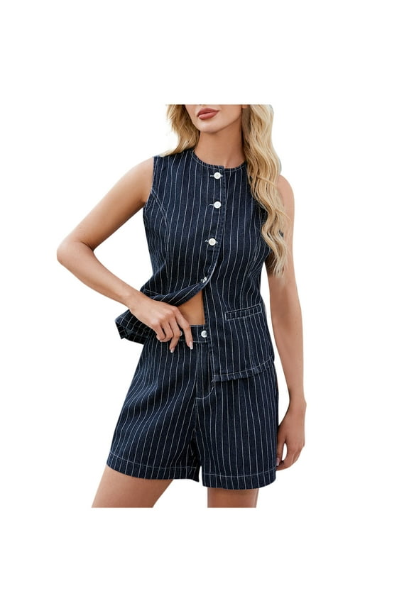 Women’s Business Casual Denim Set Slim Sleeveless Blazer Vest And High Waist Pants 2 Piece