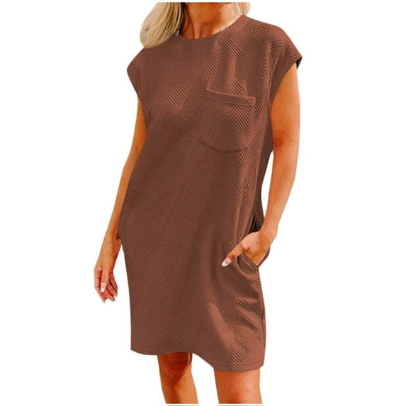 Hvot&aat Women's Cap Sleeve Tshirt Dress Casual Summer Crewneck Solid Color Tunic Mini Dresses with Pockets