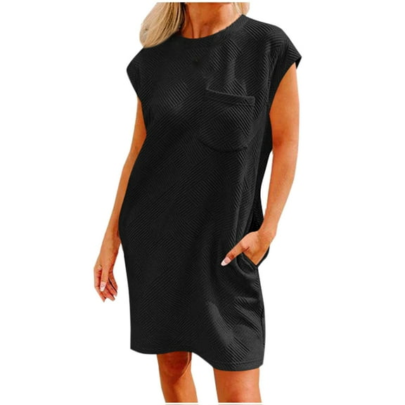Hvot&aat Women's Cap Sleeve Tshirt Dress Casual Summer Crewneck Solid Color Tunic Mini Dresses with Pockets