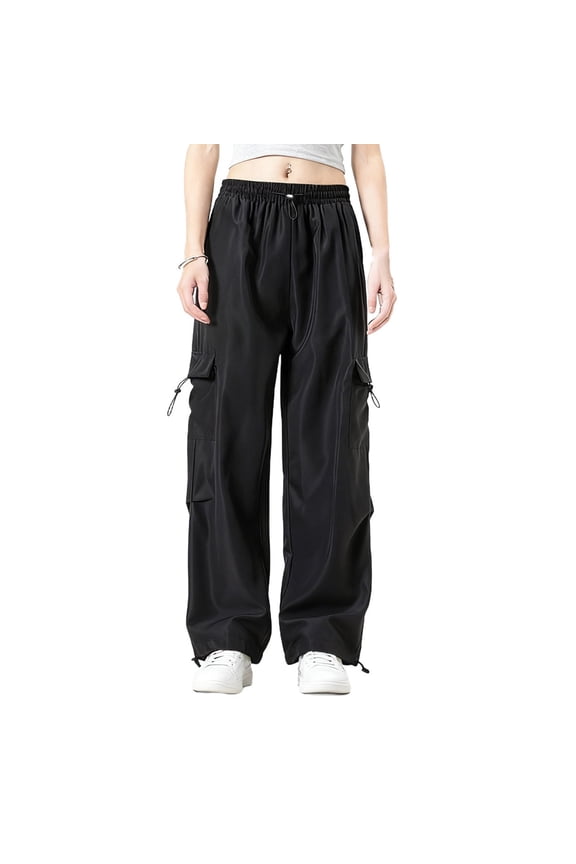 Women's Cargo Pants Casual Drawstring Jogger Solid Color Wide Leg Parachute Pants with Multiple Pockets
