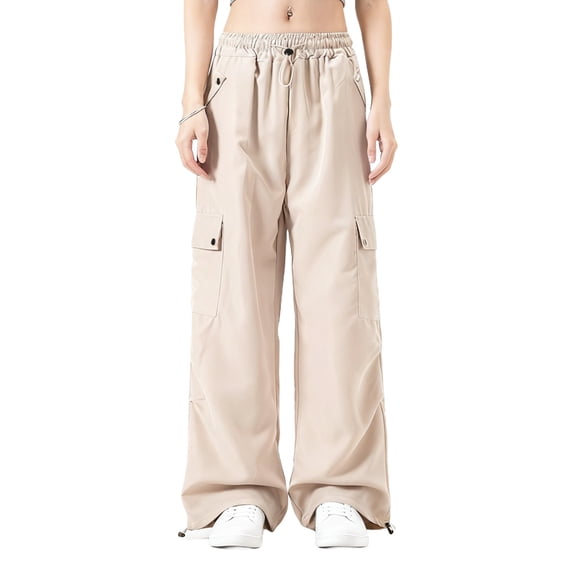 Hvot&aat Women's Cargo Pants Casual Drawstring Jogger Solid Color Wide Leg Parachute Pants with Multiple Pockets