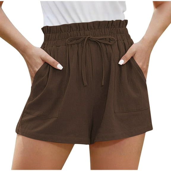 Hvot&aat Women's Casual Bermuda Shorts Comfort Drawstring Elastic Waist Pants Solid Color Linen Beach Shorts