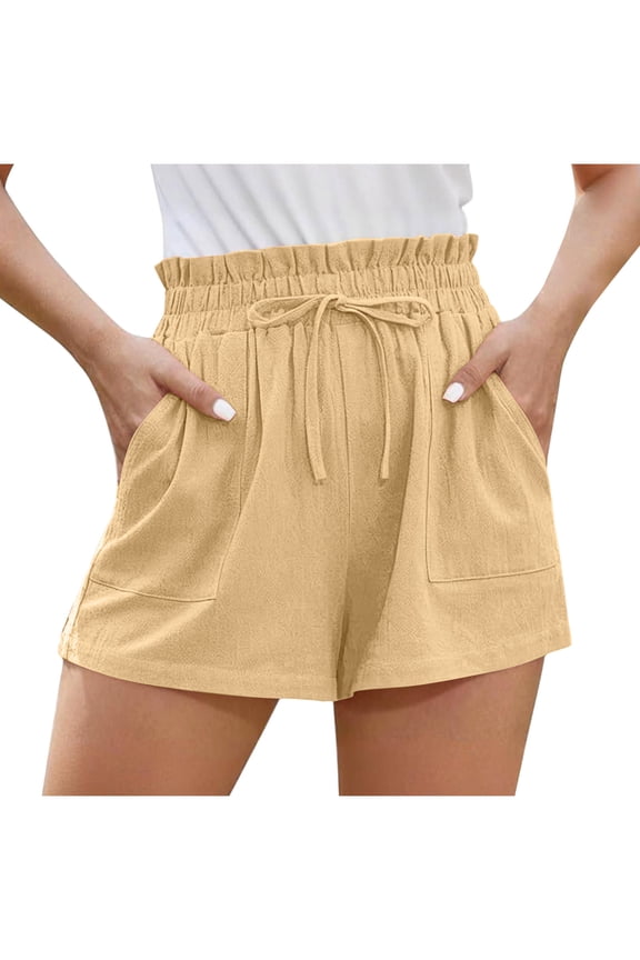 Women's Casual Bermuda Shorts Comfort Drawstring Elastic Waist Pants Solid Color Linen Beach Shorts