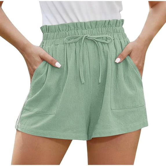 Hvot&aat Women's Casual Bermuda Shorts Comfort Drawstring Elastic Waist Pants Solid Color Linen Beach Shorts