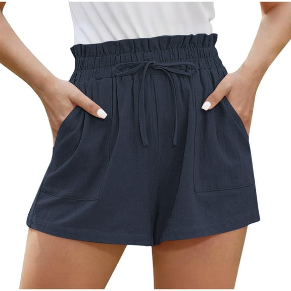 Hvot&aat Women's Casual Bermuda Shorts Comfort Drawstring Elastic Waist Pants Solid Color Linen Beach Shorts