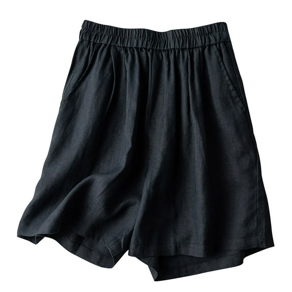 Hvot&aat Women's Casual Bermuda Shorts Elastic Waist Linen Wide Leg Shorts Baggy Solid Color Beach Shorts