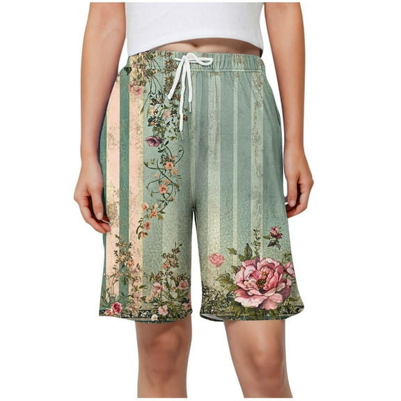 Hvot&aat Women's Casual Bermuda Shorts Printed Home Shorts With Elastic Waistband Drawstring And Side Pockets