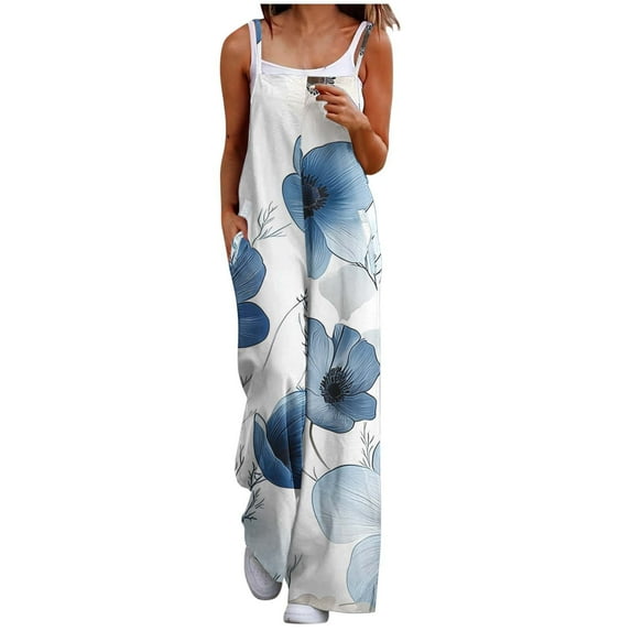 Hvot&aat Women's Casual Jumpsuits Summer Boho Wide Leg Rompers Trendy Printed Sleeveless Overalls with Pockets