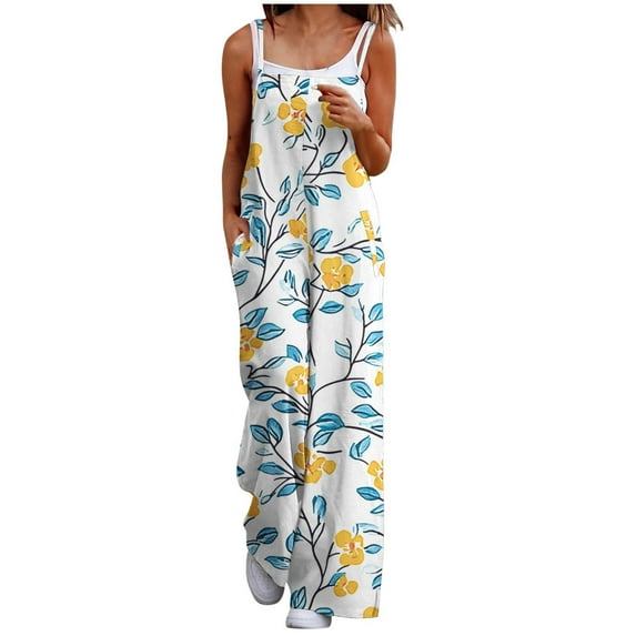 Hvot&aat Women's Casual Jumpsuits Summer Boho Wide Leg Rompers Trendy Printed Sleeveless Overalls with Pockets