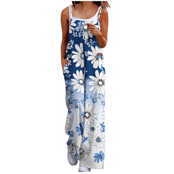 Hvot&aat Women's Casual Jumpsuits Summer Boho Wide Leg Rompers Trendy Printed Sleeveless Overalls with Pockets